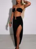 Traje de baño para mujer Bikini top con faldas 2023 nuevo conjunto de bikini de dos piezas negro sólido traje de baño de playa para mujer verano P230530