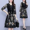 Casual Kleider Frühling Frauen Chiffon Flanell Knielange Vintage Kleid Plus Größe Patchwork V-ausschnitt Bogen Einteilige Langarm Weibliche