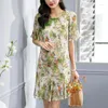 Casual Kleider Chinesischen Stil Frauen Sommer Elegante Oansatz Kurze Flare Hülse Frau Blumen Kleid Echte Seide Weibliche Vintage