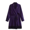 Casual Dresses Foridol Tassle Folds Pruple Satin Dress Party Women Spring Summer Zip Long Sleeve Short Elegant Solid Vestidos 2023