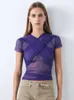 Camiseta de camiseta de mujer Camiseta corta para mujeres See a través de tops delgados Sexy Lace-Up accesorios Y2K Purple Streetwear Blusas de Vero T230531