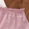Completi di abbigliamento 4-7 anni T-shirt a maniche corte con stampa cuore amore estate bambina e pantaloncini rosa con decorazione a balze 2 pezzi