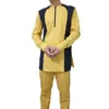 Этническая одежда желтые мужские модные наборы лоскутные дизайнерские рубашки сплошные брюки Нигерийские наряды
