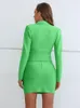 Two Piece Dress Fashion Sexy Lace Up Hollow Out Deep V- Neck Green Bodycon Bandage Set For Women Night Club Outfit Evening Party Skirt