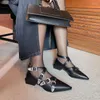 Dress Shoes 2023 Lente vrouwen Pumps gesplitst leer voor puntige teen dikke lage hiel Mary Janes Fashion Belt Buckle