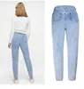 Jeans femme bleu clair taille haute bouton de lavage droit Style petit ami blanchi déchiré pantalon classique femmes ample décontracté