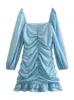 Robes décontractées YENKYE 2023 femmes bleu froncé moulante Mini robe à manches longues dames Sexy Vestidos