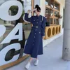 Casual Dresses Fashion Single-breasted Printed Midi Dress Autumn Korean Vintage Turn-down Collar Belt Denim Spliced Chic Streetwear G211