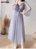 Feest met een pieepmouw voor vrouwen 2023 mode Franse stijl mesh pure vintage jurk met lange mouwen elegante v nek midi jurk