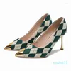Dress Shoes Size 35-43 Material Point Toe High Heel Pumps Sexy Women Green Plaid