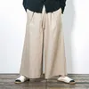 Pantalones Pantalones anchos de lino a rayas para hombre Pantalones caqui azul Hakama con pantalones de kimono chino de fondo ancho Capri de algodón suelto de verano