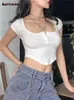 Solide Crop Top für Frauen 2023 Neue Sommer Mode Kurzarm Quadrat Kragen Button Up Dünnes T-shirt Chic Casual y2k Top