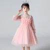 Платья для девочек, осеннее милое платье с сетчатыми рукавами и цветочной вышивкой для маленьких девочек, платье принцессы с цветами, детская одежда