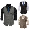 Mäns västar herr retro kostym Vest Fashion Casual Tweed Lapel V-ringning Single-Breasted Plaid Dress Slim Top Business Style