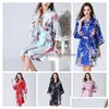Home Kleding 14 kleuren Sexy Womens Kimono Robe Pyjama Printing Flower Vneck Losse mouw Nachtkleding met riem Dh0669 Drop Delivery Dhgwh