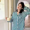 Vêtements de nuit pour femmes vêtements de nuit boutonnés printemps rayé vert pyjama femme Satin à manches longues maison vêtements avec boutons vêtements de détente sexy