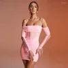 Casual Jurken Vrouwen Off Shoulder Jurk Mesh Bodycon Mini Sexy Club Wear 2023 Lente Aankomst Effen Lange Mouw Strapless Office Lady