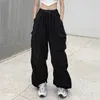 Calças femininas capris y2k mulheres streetwear perna larga carga casual baggy calça reta com grandes bolsos jogging calças vintage feminino sweatpants 230530