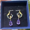 Stud Earrings 925 Sterling Silver Natural Amethyst Two Tone Color Gold Bird Women's