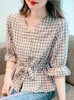 Женские блузки Korejepo Summer Vintage Chefon Chefon Chefer Checker Женщины 2023 Top Tost Prompate Prommity Unteratile Thin Hem Рубашки