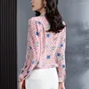 Women's Blouses Natural Silk Women Printed Shirt Elegant Turn-down Collar Long Sleeve Casual Shirts Pure Real Office Lady Pink Blouse