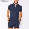 Men's Pants INCERUN Striped Men Rompers Breathable Stand Collar Short Sleeve Joggers Playsuits Streetwear Fashion Men Jumpsuits Shorts S-5XL L230520