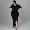 Plus Size Dresses KEXU Women Vintage Batwing Short Sleeve V-neck Ruched High Waist Maxi Long Bodycon Dress Female Fashion Chic