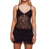 Tanques femininos Sunfanrtnn Women Summer 2 peças Mini-saia Conjunto de renda Sheer V pescoço Camisole e elástico Ruched A-line Clubwear