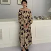 Robes Décontractées Femmes Vintage Long Floral Avec Ceinture Col Slash Coupe Slim Manches Longues Midi Style Français