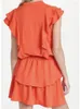 Casual Dresses Merodi Girls Spring Elegant V-hals ärmlös solid skivor Womens Fashion Ruffles Elastic High midje Orange miniklänning