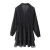 Casual Dresses Women Fashion Puff Sleeve Midje Black Party Dress Slå ner kragen Kaskad rufs över knä en linje