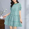 Casual Kleider Echte Seide frauen Sommer Elegante Mode Oansatz Kurzarm Hohe Taille Frau Druck Weibliche A-line Kleid