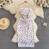 Casual Dresses Retro First Love Sweet Floral Suspender Super Fairy Waist Slimming Pleated Slit Dress