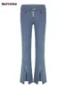 Mode Zwarte Dames Jeans Voorjaar 2023 Hoog getailleerde Skinny Rits Split Chic Jeans Streetwear Flare Jeans over de volledige lengte