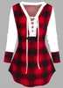 T-Shirt Long Sleeve Plaid Print Laceup Tshirt Women Plaid Sweater Shirt Cowl Neck Form Fitting Casual Tunic Top Blouse