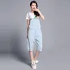 Women's Jumpsuits 2023 Modis Light Blue And White Spring Denim Strap Shorts Women's Loose Casual Suspenders Retro Straight One-piece