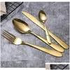 Zestawy sztućców 4PC/Zestaw Gold Butlery Set Set Stale Stale Strewa Western Staliwa Fork Spoon Steak Podróż VT1534 Drop Deliv Dhyvr