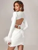 Casual Dresses White Bandage Dress Luxury Woman Party Bodycon Elegant Sexig Feather Long Sleeve Birthday Club Outfits 2023 Summer