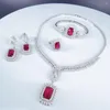 Collier boucles d'oreilles ensemble 2023 mode luxe dubaï rouge carré Zircon mariage Bracelet anneau bijoux Banquet Dressing