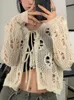 Women's Knits Harajuku Hollow Out Knit Cardigan Women See Through Y2k Vintage Sweater Fairycore Grunge Smock Retro Tops