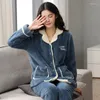 Women's Sleepwear Home Clothes Casual Velvet Coral Wool Loungewear Flannel Pajamas Long Sleeves Shirt Pant Lapel Nightwear Sleep Suit