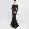 Casual Dresses Corzzet Elegant Women Fashion Black Sequined O-Neck Long Sleeve Side Slit Mermaid Formal Party Club Dress