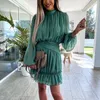 Casual Dresses 2023 Autumn Women's Mesh Chiffon Dress Half High Neck Long Sleeve A-Line Mini Ruffles Ladies Sexy Party Vestidos