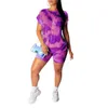 Tracksuits Colorful Tie Dye Summer Running Set Athletic Short Sleeve O-Neck Top+Shorts Women's Gym Fitness Suit P230531