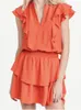 Casual Dresses Merodi Girls Spring Elegant V-hals ärmlös solid skivor Womens Fashion Ruffles Elastic High midje Orange miniklänning