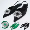 Sandalias Nuevos zapatos de mujer Punta estrecha Poco profundo Diamante verde Tacón bajo Sandalias de mujer con tiras 230417