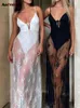 Dress for Women Lace Patchwork Fake Two Pieces See Through Maxi Dresses Sleeveless Strapless Backless Long Dress