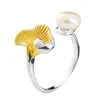 Cluster ringen artistieke stijl Pearl Gingko Leaf Opening Ring For Women Real 925 Sterling Silver Elegante sieraden Verjaardagscadeaus