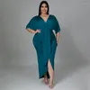 Plus Size Dresses KEXU Women Vintage Batwing Short Sleeve V-neck Ruched High Waist Maxi Long Bodycon Dress Female Fashion Chic