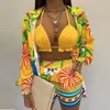 Women's Tracksuits Women Elegant Fashion 3 Piece Set Summer Beach Vacation Outfits Tracksuit Shirt Bra Shorts Clothing Suit Streetwear